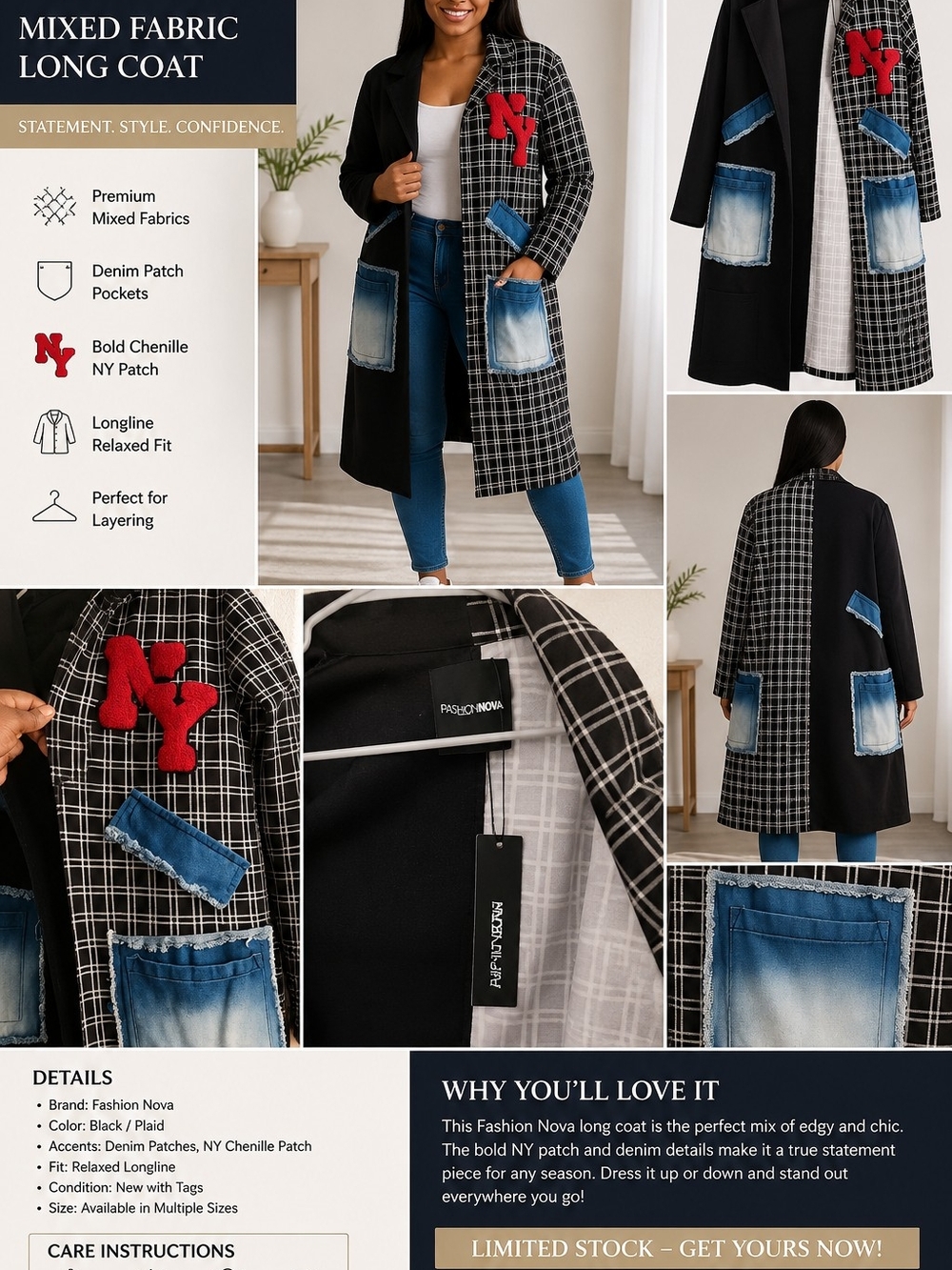 Fashion Nova Colorblock Plaid Longline Coat Denim Patchwork Jacket NY Detail NWT